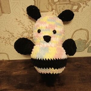 Handmade Crochet Plushie Stuffed Animal Bumble Bee 13in Cotton Candy And Black